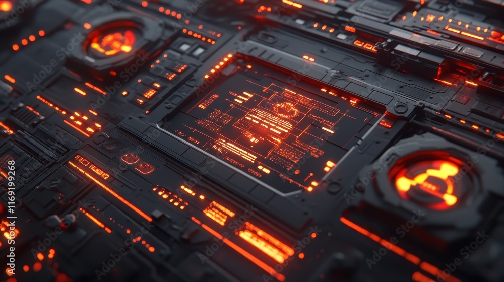 Poster futuristic technology interface abstract digital panel with glowing orange circuits and data