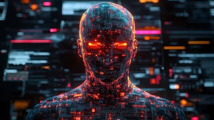 Futuristic Digital Humanoid AI with Glowing Circuitry Abstract Background