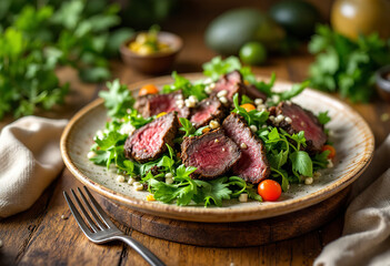 Roast beef salad with green mix on plate
