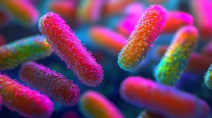 Naklejka premium Vibrant Microscopic View of Intricate E. coli Bacteria Cells in Vivid Scientific