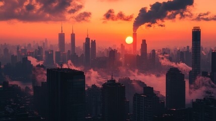 Fototapeta premium Dramatic Sunset Skyline Cityscape with Pollution and Fog Urban Landscape Photography
