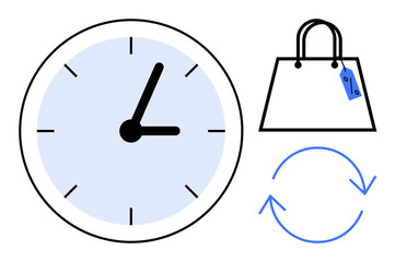 Clock indicating time management, shopping bag with price tag suggesting retail, and recycling arrows for sustainable practices. Ideal for productivity, efficiency, retail, consumer experience