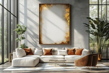 Modern living room with sectional sofa, large artwork, and natural light.