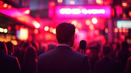 Naklejka premium A Man with a Microphone in Front of a Bright Crowd, Captivating Energy and Colorful Lights Around Him
