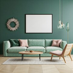 minimalist living room bathed in natural light from a large window.Frame mockup, Living room wall poster mockup. Interior mockup with house background. Modern interior design. 