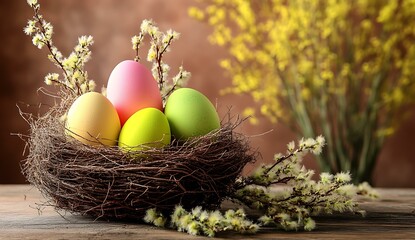 Obraz premium Easter Eggs in a Nest with Spring Blossoms