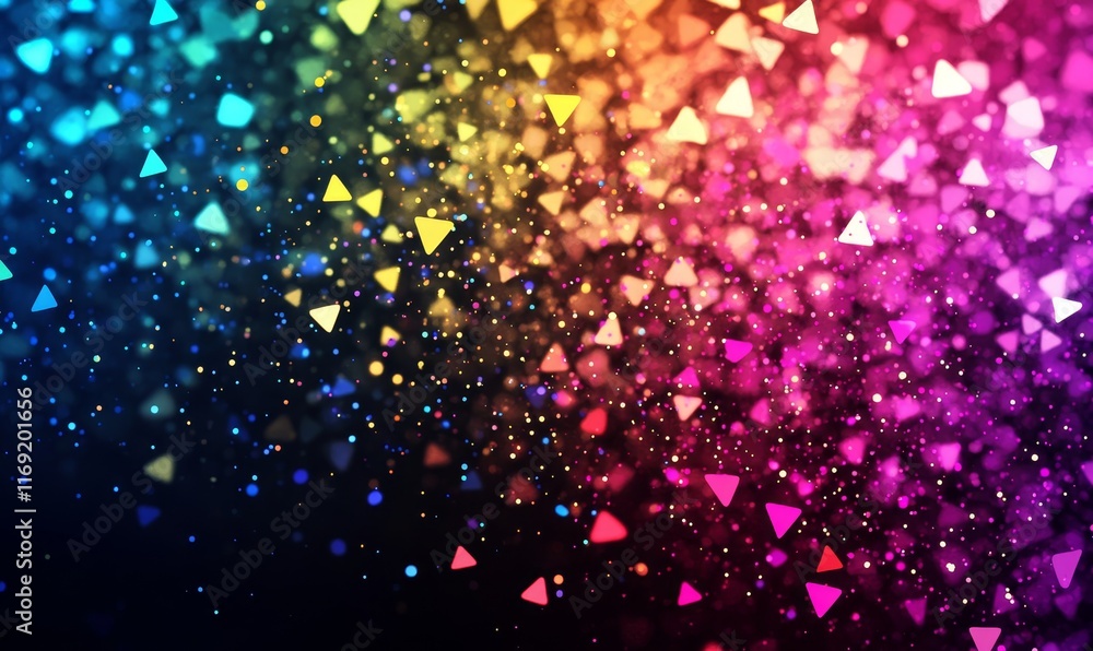 Poster a vibrant abstract background with colorful triangles and sparkling effects.