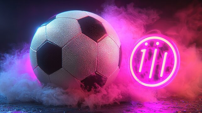 Soccer ball with neon light design in smoke.