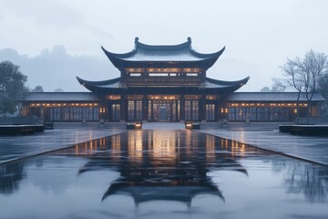 Fototapeta premium Rain-slicked courtyard, reflecting ornate Asian building.