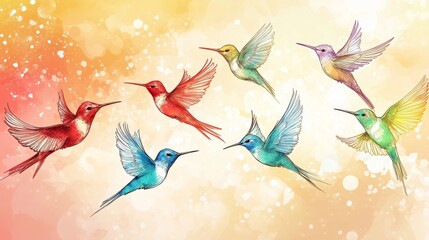A colorful illustration of various hummingbirds in flight against a vibrant background.