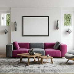 minimalist living room bathed in natural light from a large window.Frame mockup, Living room wall poster mockup. Interior mockup with house background. Modern interior design. 