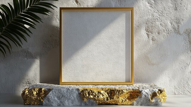 Empty Gold Frame Mockup on Stone Display