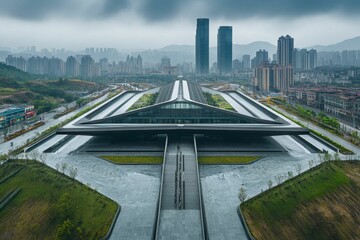 Fototapeta premium Modern building, landscaped plaza, urban backdrop, overcast day.