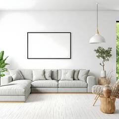minimalist living room bathed in natural light from a large window.Frame mockup, Living room wall poster mockup. Interior mockup with house background. Modern interior design. 