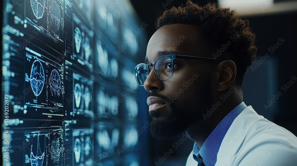 Poster focused black male scientist analyzing brainwave data on multiple monitors