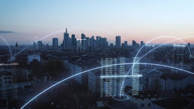 Digital lines connecting buildings in the Frankfurt skyline at sunset showcase data overlays, smart city concept and urban innovation and connectivity of the future - Powered by Adobe
