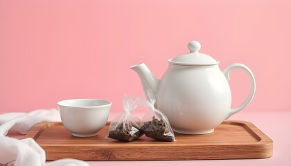 The Art of Tea: A Tranquil Tea Service Featuring a White Ceramic Teapot, Matching Teacup, and Loose Tea Leaves on a Wooden Tray with a Pink Background
