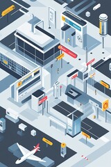 An isometric illustration of a bustling international airport terminal.
