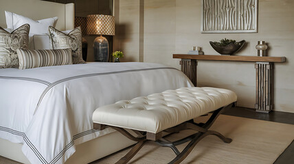 A master bedroom with a king-size bed dressed in white linens, a dark wood console table, and a tufted off-white bench at the foot of the bed.  Neutral tones and earthy textures dominate the room.