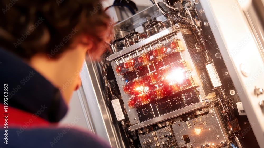 Aufkleber technician inspecting advanced technology server rack with luminous components