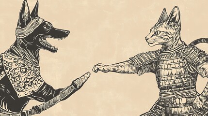 Fototapeta premium Cat and dog warriors facing off, vintage style.