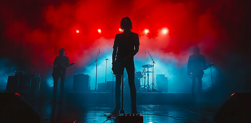 A band is performing on stage with a dark background and smoke. The band members are standing on a stage with microphones and instruments