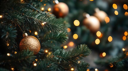 Beautiful Christmas Background with green fir tree brunch close up. Copy space, trendy moody dark toned design for seasonal quotes. Vintage December wallpaper. Natural winter holiday forest backdrop