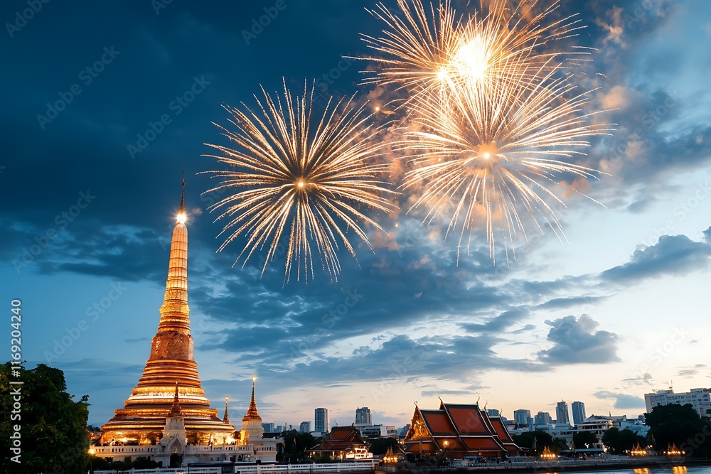 Poster dazzling fireworks display illuminating the night sky with a breathtaking view of a historic temple 