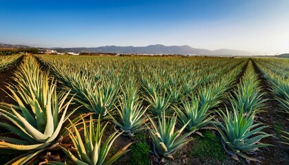 Vast aloe vera plantation under a clear sky. Rows of healthy plants stretch towards distant mountains.