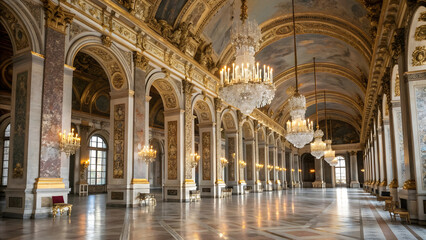 A grand hall with towering ornate columns adorned with intricate carvings, sweeping arches with gilded accents, and a polished marble floor that reflects the grandeur of the architecture