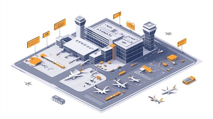 An isometric illustration of a bustling international airport terminal.