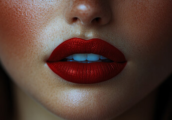Naklejka premium A woman's lips are painted red. The lips are very full and the woman's face is glowing