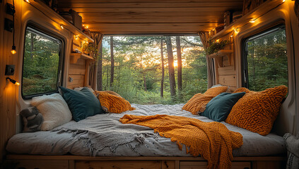 A van with a bed and pillows and a blanket on it. The bed is covered in a yellow blanket