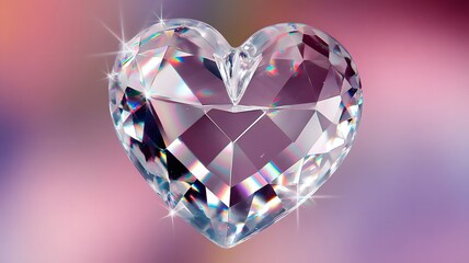 Fototapeta premium A sparkling, transparent crystal heart with light refracting into rainbow colors, set on a soft gradient background of pink and purple hues.