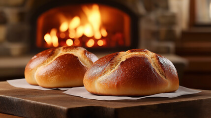 Two round loaf of bread baking near fireplace in rustic kitchen