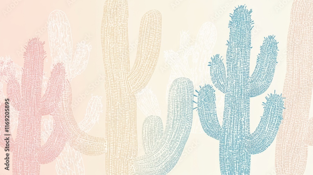 Poster abstract illustration of colorful cacti against a soft gradient background.