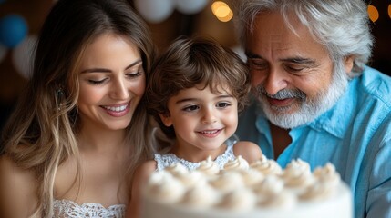 Family celebration with a cake and joyful expressions.
