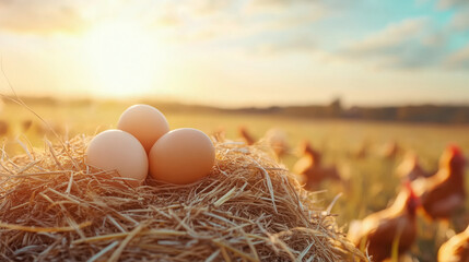 Fresh chicken eggs on straw in sunny farm setting with hens nearby