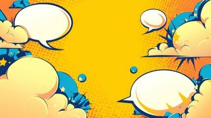 Comic Book Speech Bubbles Exploding on Vibrant Yellow Background..