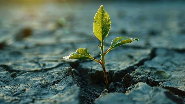 A small green plant breaks through cracked and dry soil, showcasing the tenacity of life in adverse conditions. The soft light accentuates the vibrant leaves against the desolate ground.