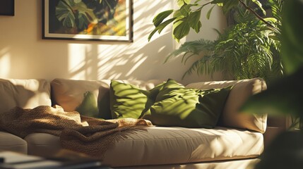 Cozy living room with a soft couch, green pillows, and a warm ambiance created by sunlight and plants around.