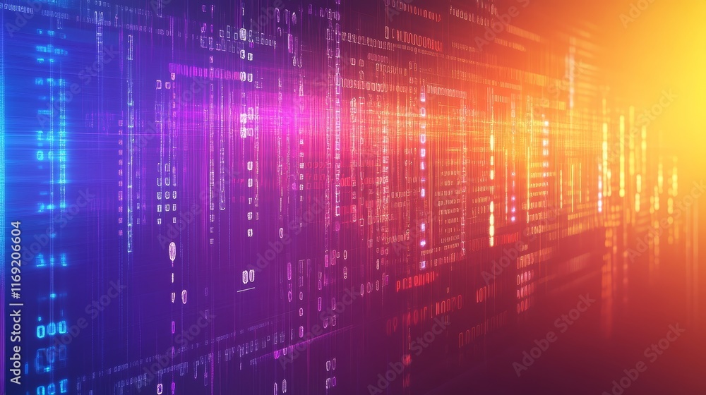 Poster abstract digital background with vibrant colors and binary data representation.