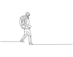 Continuous one line drawing of climber or hiker man. One line drawing illustration of hiker walking to mountain. Traveler, tourism concept single line. Editable outline