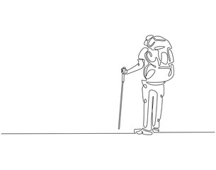 Continuous one line drawing of climber or hiker man. One line drawing illustration of hiker walking to mountain. Traveler, tourism concept single line. Editable outline
