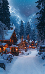 A snowy mountain landscape with a path leading to a village. The houses are lit up with Christmas lights, creating a warm and cozy atmosphere