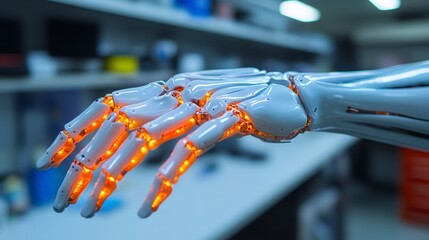 Futuristic Robotic Hand with Glowing Joints Close up View in Lab Setting
