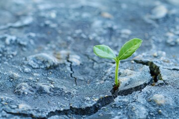 A small green plant is growing in the middle of a rocky, cracked ground