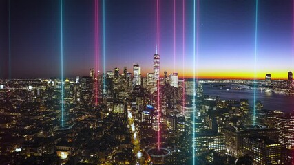 Augmented reality enhances New York City skyline at sunset, illuminating colorful lights and data overlays over modern architecture and dynamic urban life in Manhattan - Powered by Adobe