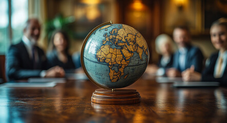 A globe sits on a table in front of a group of people. The globe is surrounded by papers and books, and the people are dressed in business attire
