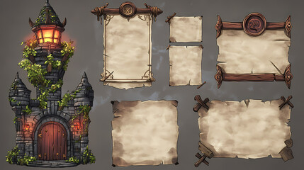 Set of blank parchment poster from a fantasy setting, parchment template on transparency background png. Parchment. Illustration